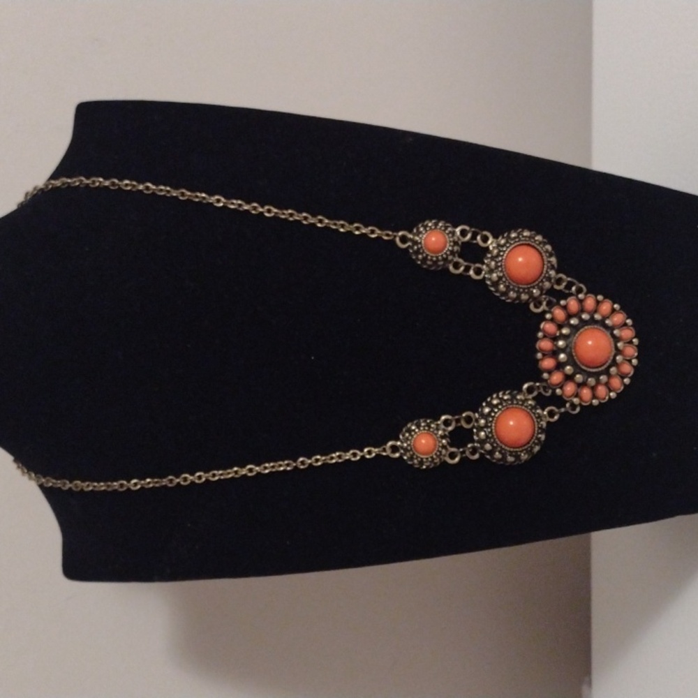 Icing statement necklace burnt orange and gold tone 10" drop